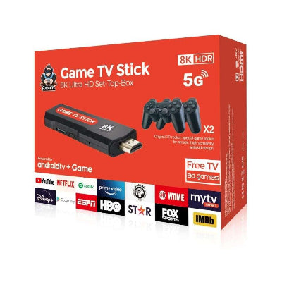 Pakovanje 8K Game TV Stick-a sa prikazom sadrzaja: stick, dva dzojstika i daljinski upravljač.