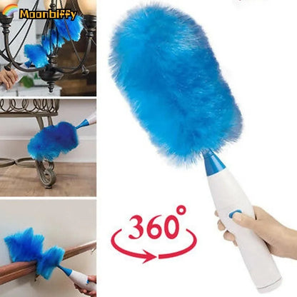 Kompozitna slika prikazuje ActiDust elektricnu cetku za prasinu sa rotacijom od 360 stepeni u ruci, kao i primere upotrebe za ciscenje lustera, nogu stola i roletni. Efikasno uklanjanje prasine sa razlicitih povrsina.