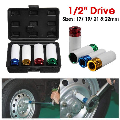 Set gedora sa obelezenim dimenzijama (17, 19, 21, 22mm), prikazana upotreba na tocku automobila, stiti felne.