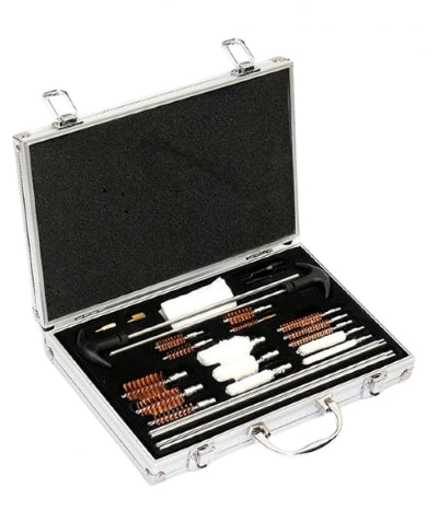 Kompaktan aluminijumski set za ciscenje oruzja, zatvoren. Prenosiv i praktican za lov, streliste ili kod kuce.