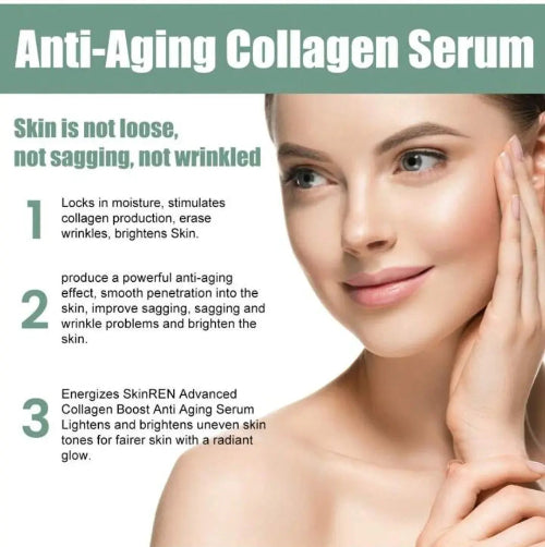 Žena sa blistavom kožom koristi anti-age kolagen serum. Slika prikazuje prednosti seruma: hidratacija, stimulacija kolagena, smanjenje bora i posvetljivanje kože.
