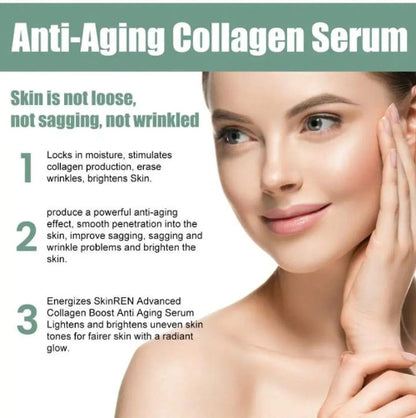 Žena sa blistavom kožom koristi anti-age kolagen serum. Slika prikazuje prednosti seruma: hidratacija, stimulacija kolagena, smanjenje bora i posvetljivanje kože.