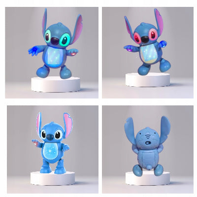 Cetiri prikaza plesa robot igracke Stitch sa svetlecim LED ocima u razlicitim bojama stomak svetli zvezdice