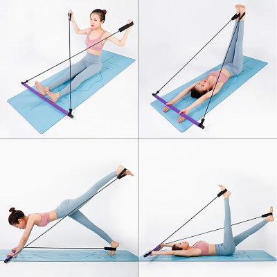 Prikaz cetiri osnovne vezbe sa pilates sipkom: istezanje, podizanje nogu, veslanje i balans. Multifunkcionalna sprava za fitness kod kuce.