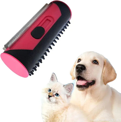 3 u 1 cetka za uklanjanje dlacica kucnih ljubimaca. Prikazana sa psom i macom. Efikasno uklanja dlake.