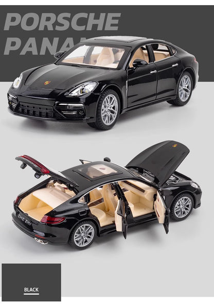 Crni Porsche Panamera model autica otvoren gepek i vrata detaljan prikaz enterijera kolekcija