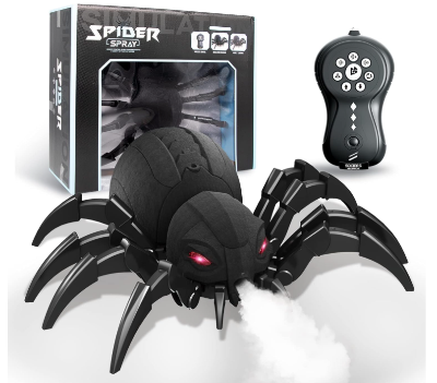 Crni robot pauk sa daljinskim. Pauk igračka koja prska paru i ima svetlece oci. Novo u ponudi igracaka.