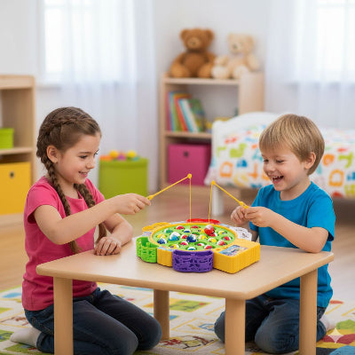 Dvoje dece devojcica i decak se igraju muzicke igre pecanje na stolu razvijanje motorike i takmicenje