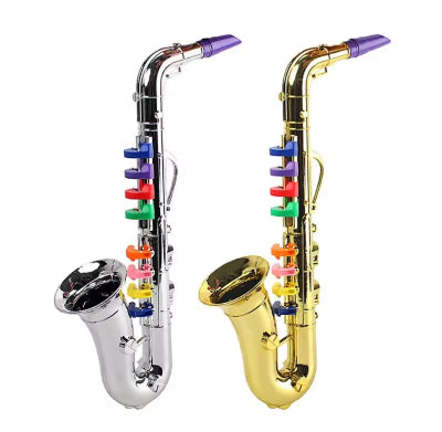 Dva decija saksofona igračke srebrne i zlatne boje Zabavni muzicki instrument za malu decu Plastični saksofon za učenje Muzički poklon