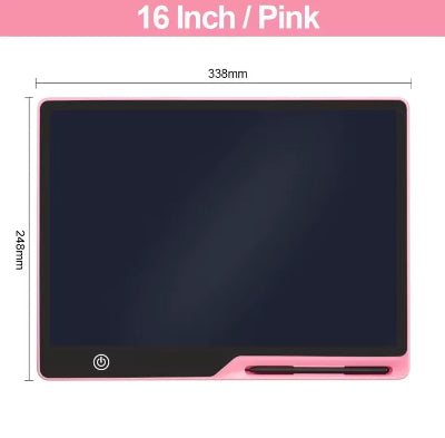 Prikaz decije LCD table za crtanje 16 inc u roze boji sa prikazanim dimenzijama 335mm x 225mm