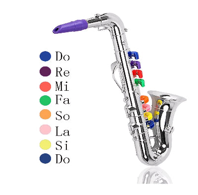 Deciji saksofon igracka u srebrnoj boji sa notama Do Re Mi Fa So La Si Do Muzicki instrument za rani razvoj dece Plastični saksofon