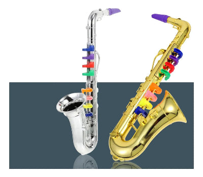 Dva modela dečijeg saksofona igračke srebrni i zlatni Prikaz muzickih instrumenata za decu Igračka za učenje muzike