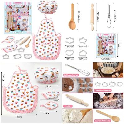 Kompletan set za pečenje dimenzije decije kecelje kape i pribora valjak mutilica kalupi za kolace