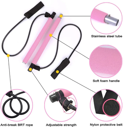 Delovi prenosivog pilates studio seta: sipka od nerdjajuceg celika, mekane rucke od pene, podesive trake za otpor. Lako se sklapa.