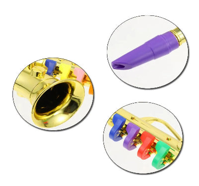 Detaljan prikaz zlatnog decijeg saksofona Usnik ljubicaste boje Višebojni tasteri za igru Muzicki instrument za rani razvoj