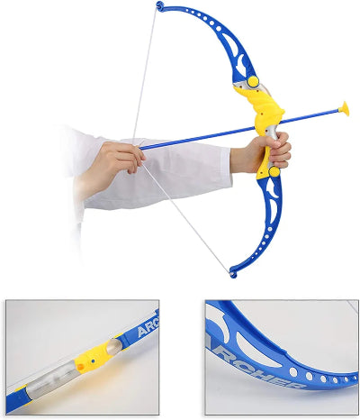 Luk i strela igracka u ruci deteta i prikaz sklopivih delova za laksi transport i prenosenje