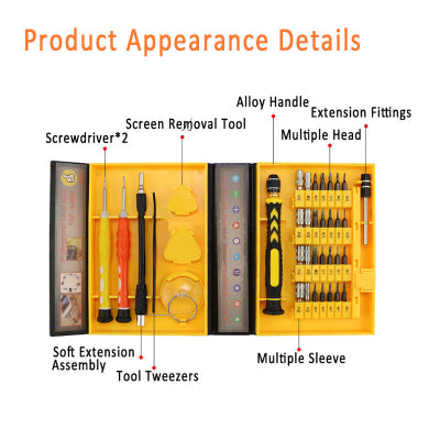 Detaljan prikaz seta preciznih alata srafcigera odvrtača za popravku elektronike mobilni telefoni