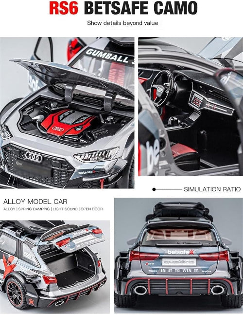 Kolaž od četiri slike prikazuje detalje modela Audi RS6 Betsafe Camo automobila. Gornja leva slika prikazuje otvoren motorni prostor sa crvenim detaljima. Gornja desna slika prikazuje unutrašnjost automobila sa instrument tablom. Donja leva slika prikazuje otvoren prtljažnik. Donja desna slika prikazuje zadnji deo automobila. 