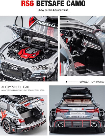 Kolaž od četiri slike prikazuje detalje modela Audi RS6 Betsafe Camo automobila. Gornja leva slika prikazuje otvoren motorni prostor sa crvenim detaljima. Gornja desna slika prikazuje unutrašnjost automobila sa instrument tablom. Donja leva slika prikazuje otvoren prtljažnik. Donja desna slika prikazuje zadnji deo automobila. 