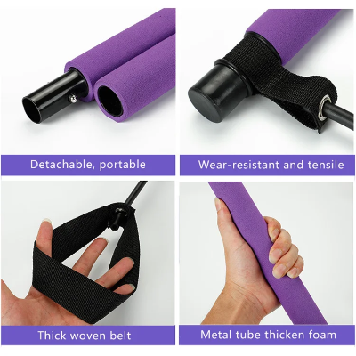 Detalji pilates sipke: prenosiva i rasklopiva sipka od neklizajuce pene, otporne trake i sigurne omce za stopala. Visok kvalitet.