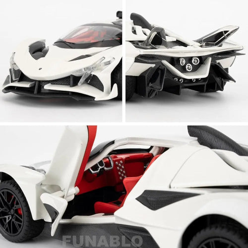 Kolaz od tri fotografije prikazuje detalje belog modela automobila Apollo Evo sa crnim i crvenim akcentima. Gornja leva slika je krupni plan prednjeg dela automobila. Gornja desna slika prikazuje zadnji deo sa izrazenim spojlerom i izduvnim cevima. Donja slika je izbliza unutrasnjosti sa crvenim sedistima i delom otvorenih vrata.