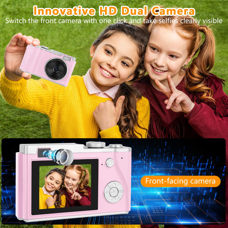 Reklamni prikaz digitalnog fotoaparata sa HD dvostrukom kamerom, naglašavajući funkciju prebacivanja prednje kamere za jasne selfije