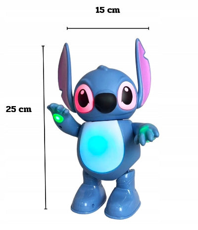 Dimenzije muzicke Stitch igracke 25 cm visina sa prikazom razlicitih poza kretanja plavi robot za igru