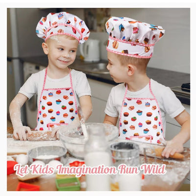 Deciji set za pecenje dva dečaka u kapama i keceljama peku kolace u kuhinji poklon za razvoj maste