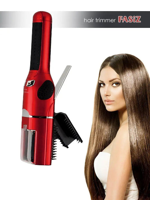 FASIZ aparat za uklanjanje ispucalih krajeva kose, crvene i crne boje, prikazan pored portreta žene sa dugom, sjajnom smeđom kosom. U pozadini je natpis "hair trimmer FASIZ".