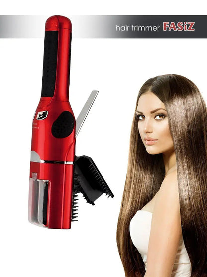 FASIZ aparat za uklanjanje ispucalih krajeva kose, crvene i crne boje, prikazan pored portreta žene sa dugom, sjajnom smeđom kosom. U pozadini je natpis "hair trimmer FASIZ".