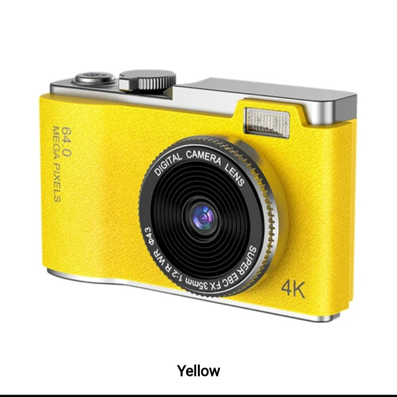 Žuti digitalni fotoaparat sa 64 megapiksela, 4K video rezolucijom, objektivom SUPER EBC FX 35mm 1:2.8 WR Ф43 i srebrnim detaljima