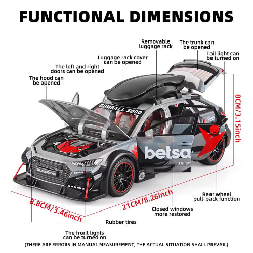 Ilustracija modela Audi RS6 Betsafe Camo automobila sa otvorenim elementima i naznacenim dimenzijama i funkcijama. Strelicama je oznaceno da se mogu otvoriti prednja hauba, leva i desna vrata, poklopac prtljaznika i krovni nosac. Naznacene su dimenzije: visina 8cm/3.15inca, duzina 21cm/8.26inca i sirina 8.8cm/3.46inca. Istaknute su i funkcije kao sto su gumene gume, mogucnost paljenja prednjih i zadnjih svetala, povratna funkcija zadnjih tockova i zatamnjena stakla. 