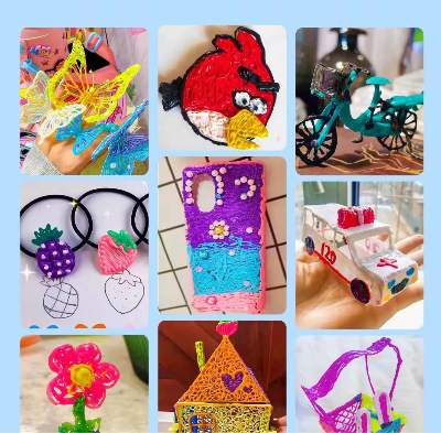 Gotovi 3D modeli izradjeni olovkom: narukvice, figurice i cvece. Prikaz mogucnosti kreiranja nakita i igracaka kod kuce.