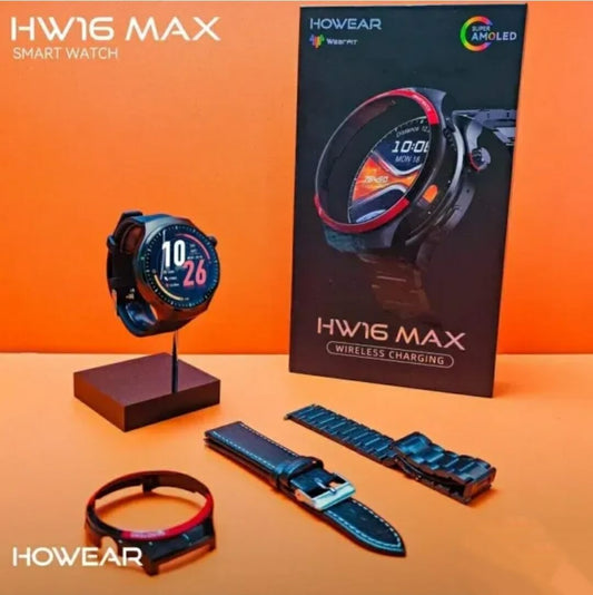 Pametni sat Howear HW16 Max sa Super AMOLED ekranom, crni sa crvenim detaljima, na postolju, pored kutije sa specifikacijama, sa dodatnim narukvicama.
