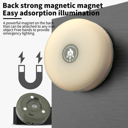 Detaljan prikaz Hplive LED lampe za kampovanje sa naglaskom na magnetne karakteristike. U gornjem desnom uglu slike se nalazi okrugla bela LED lampa sa nalepnicom "camping lights". 