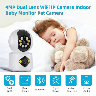 4MP dual lens WiFi IP kamera, bebi monitor i pet kamera. Opremljena nocnim vidom, detekcijom pokreta i dvosmernim zvukom.
