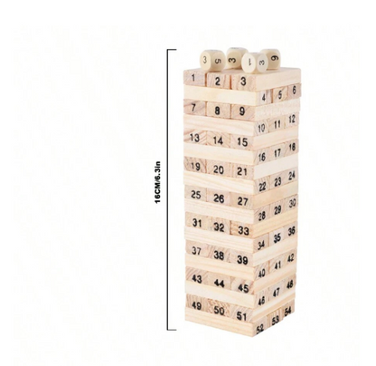 Jenga drvena igra toranj napravljen od numerisanih drvenih kockica (1-54), sa tri drvene kockice na vrhu (3, 5 i 6). Prikazana je visina tornja od 16cm / 6.3in.