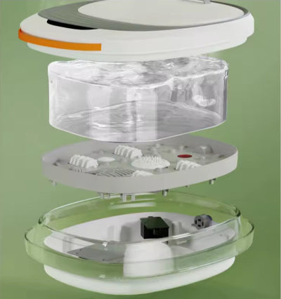 Dijagramski prikaz kante za masazu stopala, pokazuje unutrasnje komponente i funkcije. Detaljan uvid u tehnologiju.