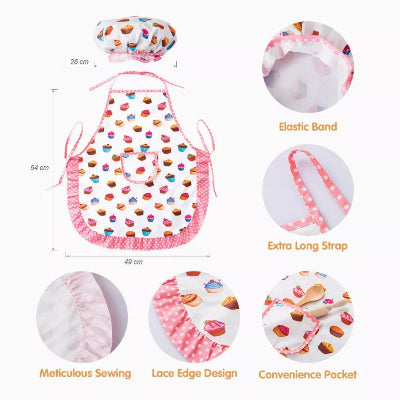 Detalji decije kecelje sa motivom cupcakes dimenzije kape dugacke trake i dzep za pribor