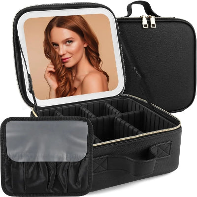 Profesionalni kofer za sminku sa LED ogledalom, pregradama i prostorom za cetkice. Prenosiva torba za kozmetiku.