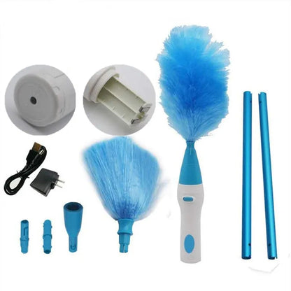 Detaljan prikaz kompleta za elektricno brisanje prasine. Ukljucuje glavnu drsku sa plavom cetkom, dodatnu manju cetku, tri nastavka razlicitih oblika, dve teleskopske sipke za produzenje, punjac i poklopac za skladistenje baterija. Idealan set za efikasno ciscenje svih povrsina.
