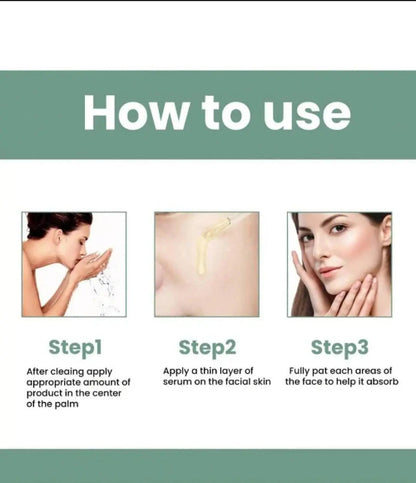 Uputstvo za koriscenje kolagen seruma. Prikazani su tri koraka: 1. korak: Ciscenje lica i nanosenje seruma na dlan. 2. korak: Nanosenje seruma na lice. 3. korak: Umasiranje seruma u kozu lica.