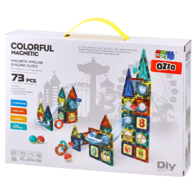 Set magnetnih kocki 73 komada, konstruktor sa stazom za loptice, igračke za razvoj kreativnosti, pakovanje, STEM edukativna igracka.