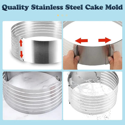 Profesionalni kalup za torte od nerđajućeg čelika sa podesivim slojevima i prečnikom. Četiri slike demonstriraju podešavanje visine sečenja, prilagođavanje širine kalupa, upotrebu kalupa pri pravljenju torte i jednostavno održavanje čistoće.