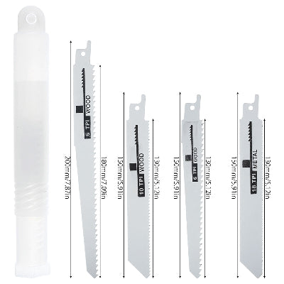 Detaljan prikaz listova za testere sa dimenzijama, namenom za secenje drveta (WOOD) i metala (METAL), 6 TPI i 18 TPI.