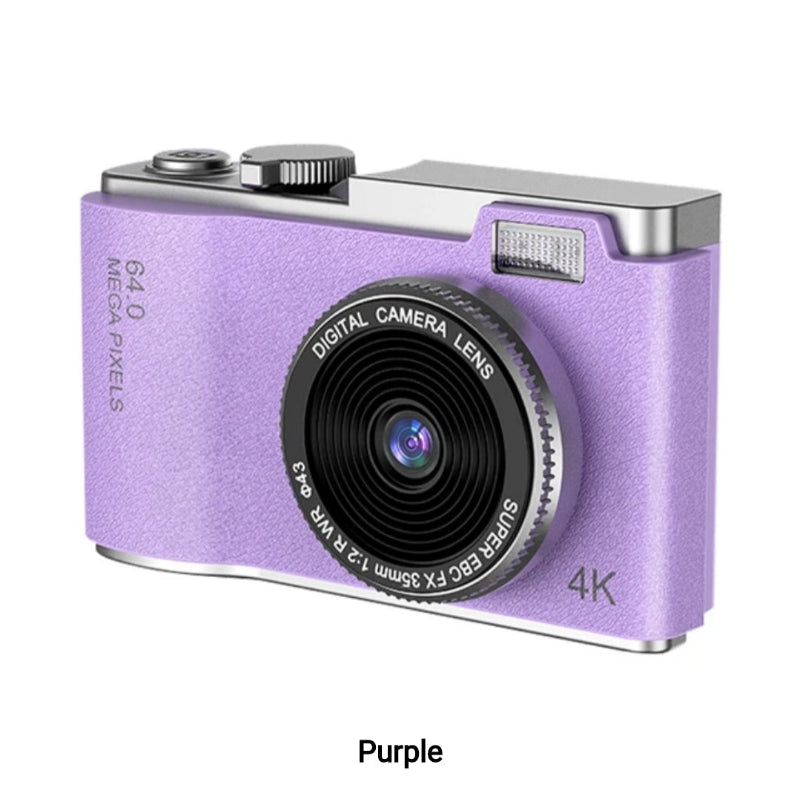 Ljubičasti digitalni fotoaparat sa 64 megapiksela, 4K video rezolucijom, objektivom SUPER EBC FX 35mm 1:2.8 WR Ф43 i srebrnim detaljima
