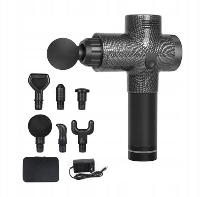 Masazni pistolj sa prikazanim svim nastavcima za razlicite grupe misica, obezbedjuje ciljanu masazu i oporavak.