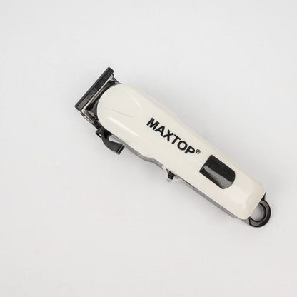 Maxtop profesionalna električna mašinica za šišanje, detaljni prikaz dizajna mašinice sa logom "Maxtop" i crnim detaljima.