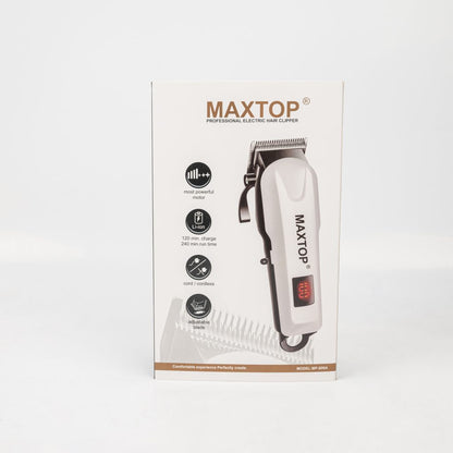 Maxtop profesionalna električna mašinica za šišanje, pakovanje sa detaljnim specifikacijama i prikazom mašinice.