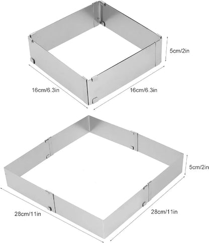 Metalni kvadratni kalupi za deserte, prikazani u dve različite veličine sa naznačenim dimenzijama. Manji kalup je 16cm x 16cm x 5cm, a veći 28cm x 28cm x 5cm. Dimenzije su prikazane i u inčima.